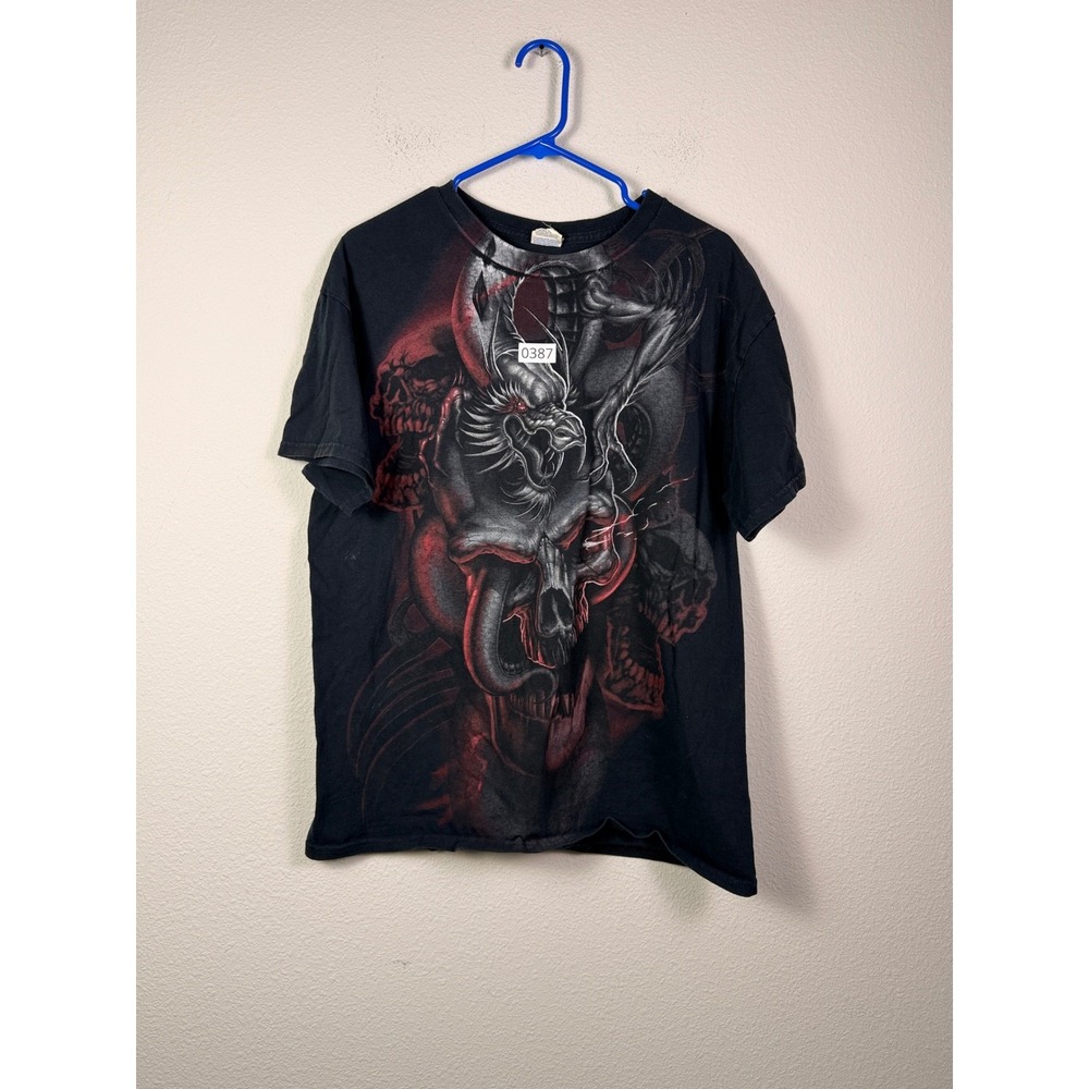 Vintage T-shirt Goth Rock Skull Dragon Grunge Red And Black Smoke Size L
